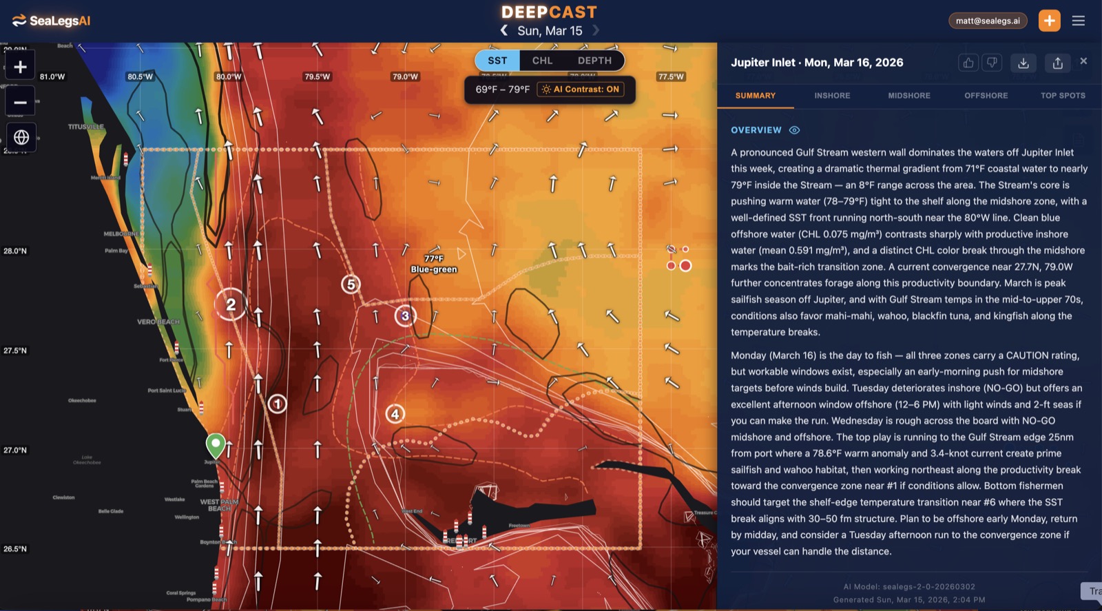 Sample DEEPCAST AI fishing report showing offshore zone analysis, annotated SST map, weather forecast, and recommended fishing spots for Port Canaveral