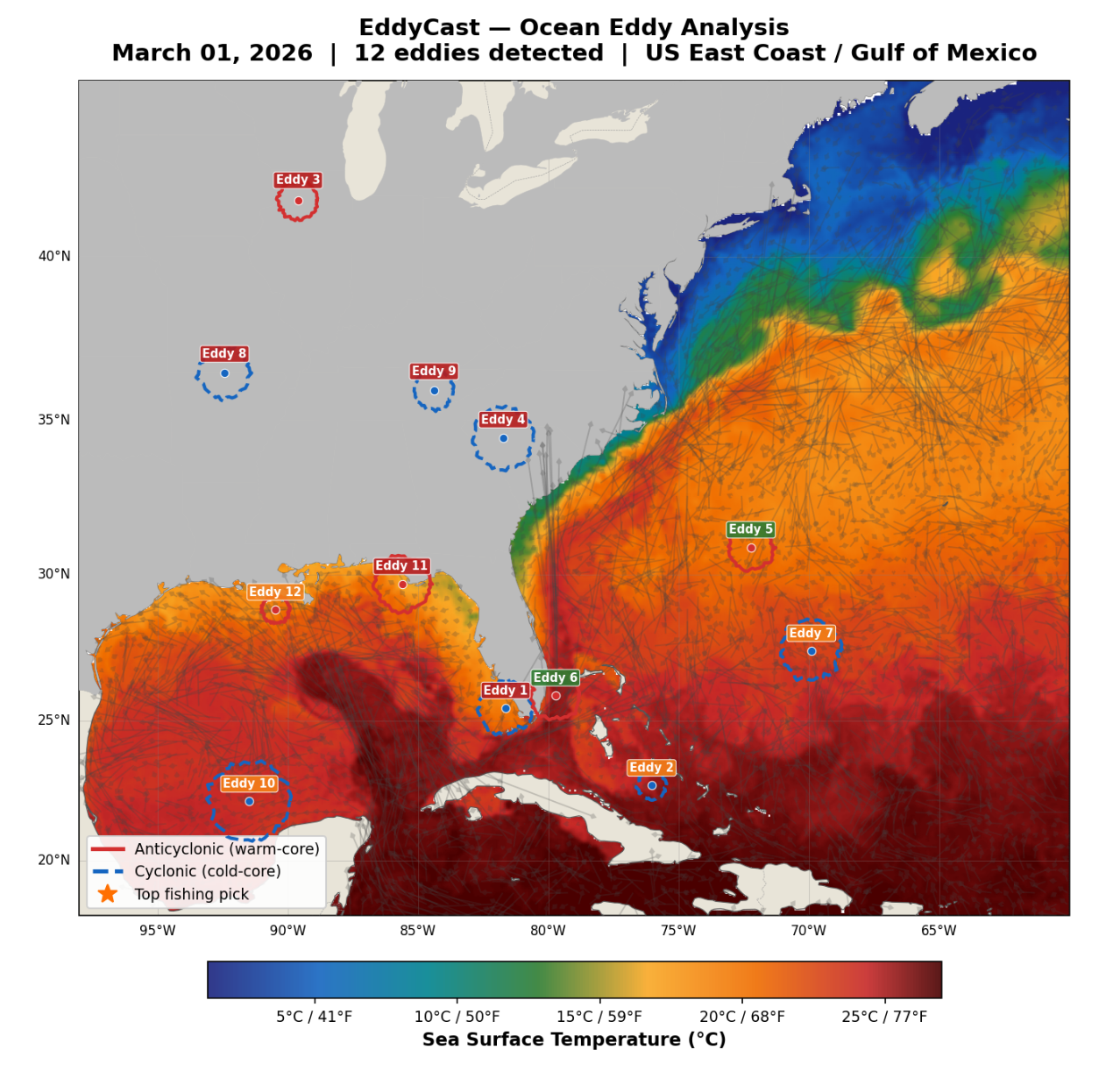 EddyCast SST and ocean eddy analysis map showing 12 detected eddies