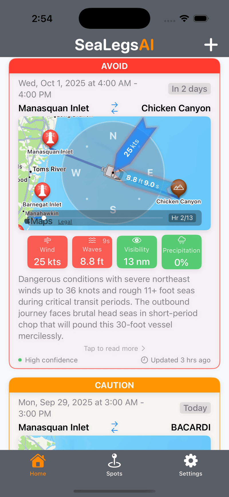 SeaLegsAI app interface showing marine weather trip planning with AI analysis and forecast data