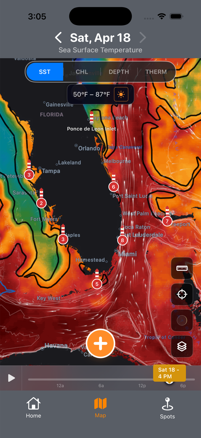 Ocean map with sea-surface temperature on iPhone