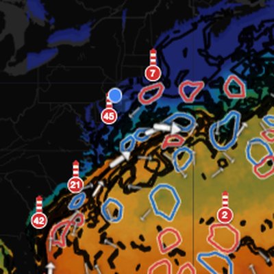 US East Coast SST chart showing Gulf Stream eddies and temperature breaks for offshore fishing