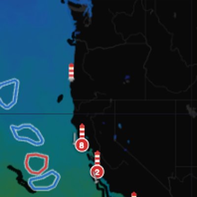 US West Coast SST chart showing California Current eddies for offshore fishing