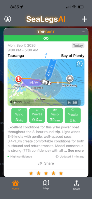 A TripCast verdict for a Tauranga to Bay of Plenty trip
