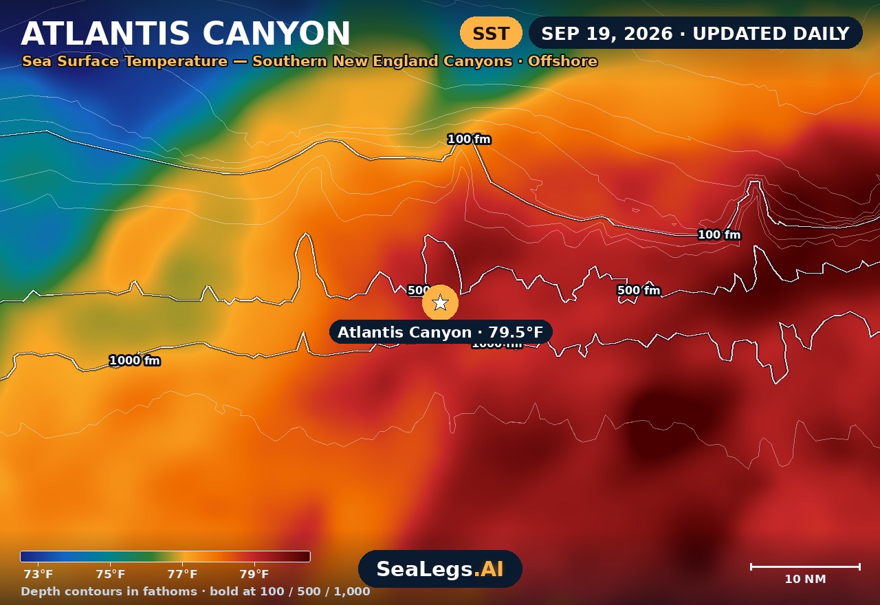 Atlantis Canyon sea surface temperature chart, Sep 19, 2026 — 79.5°F at the spot with labeled depth contours