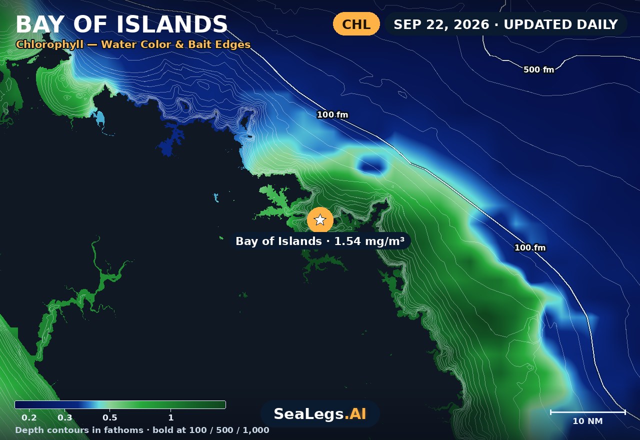 Bay of Islands chlorophyll chart, Sep 10, 2026 — water color and bait edges