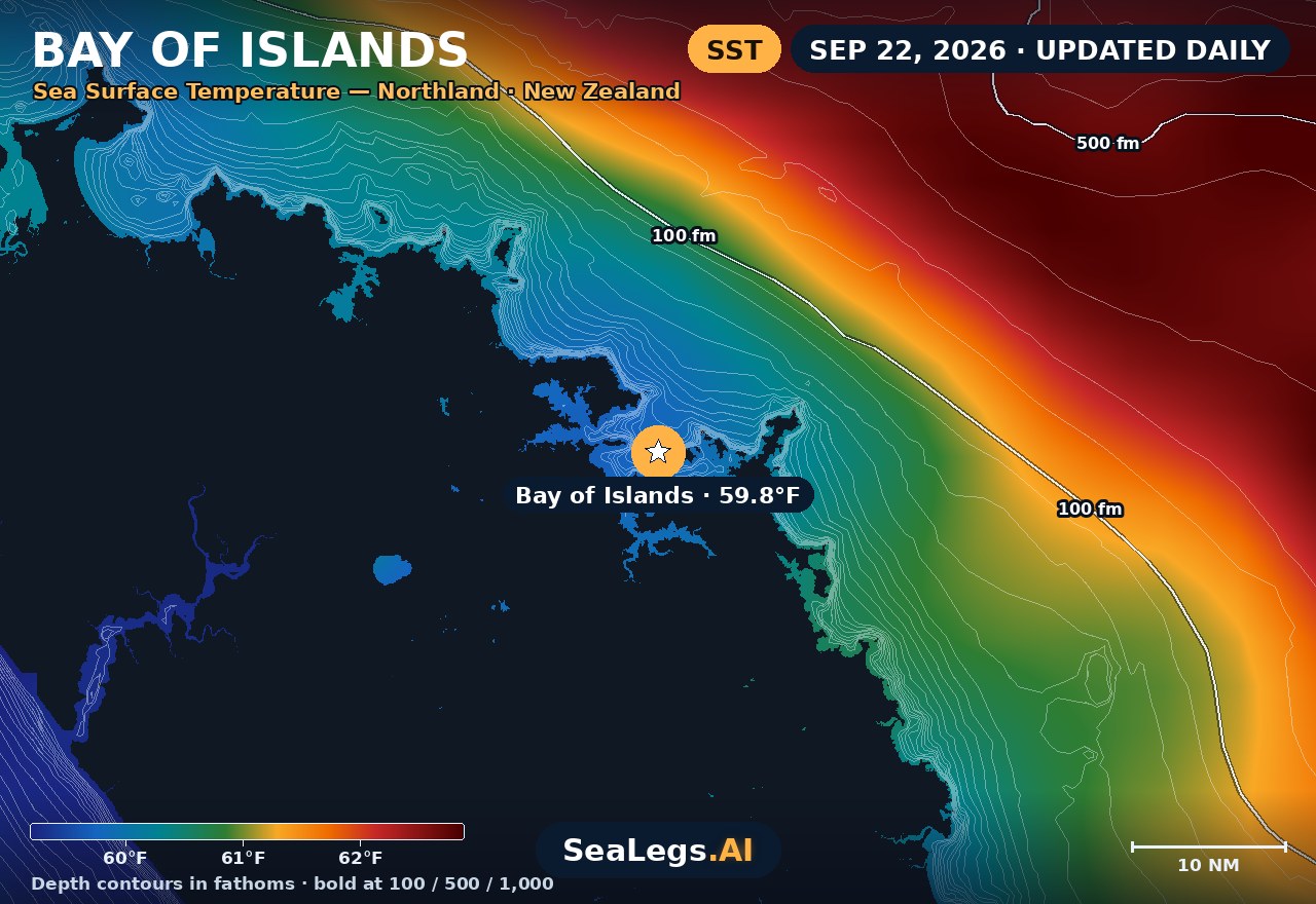 Bay of Islands sea surface temperature chart, Sep 10, 2026 — 59.6°F at the spot with labeled depth contours