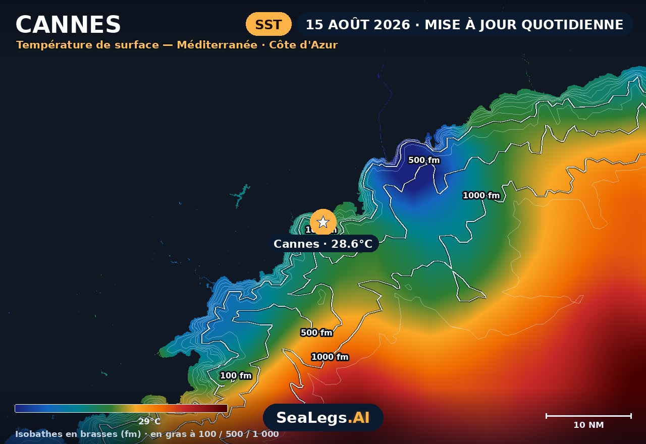 Carte de température de surface de la mer à Cannes, 15 août 2026 — 28,6 °C sur le spot, isobathes cotées