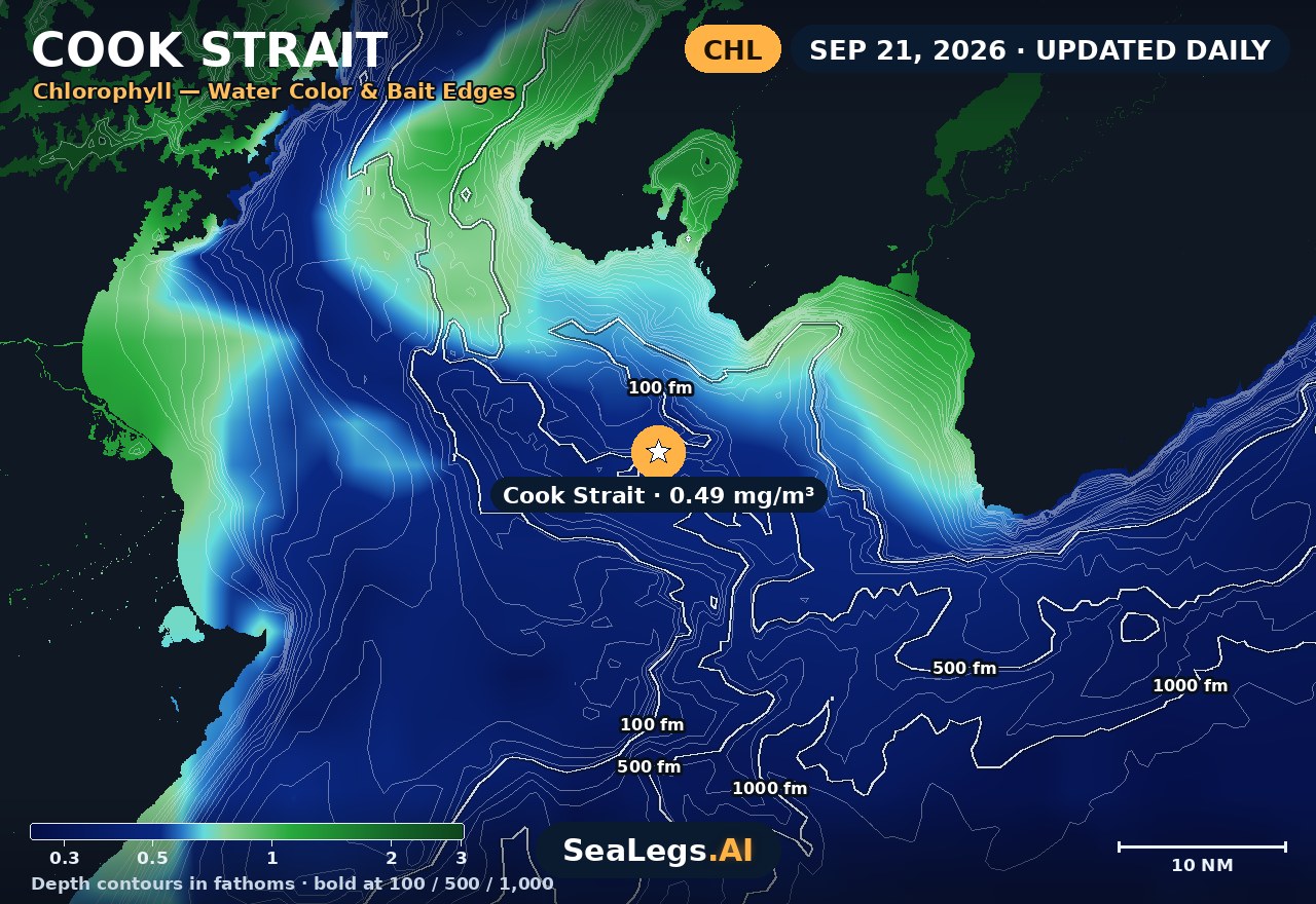 Cook Strait chlorophyll chart, Sep 21, 2026 — water color and bait edges