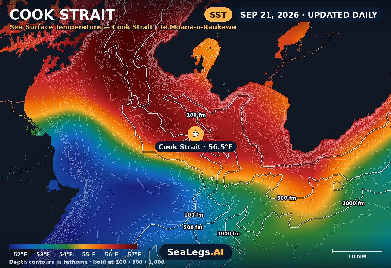 Cook Strait sea surface temperature chart, Sep 21, 2026 — 56.5°F at the spot with labeled depth contours