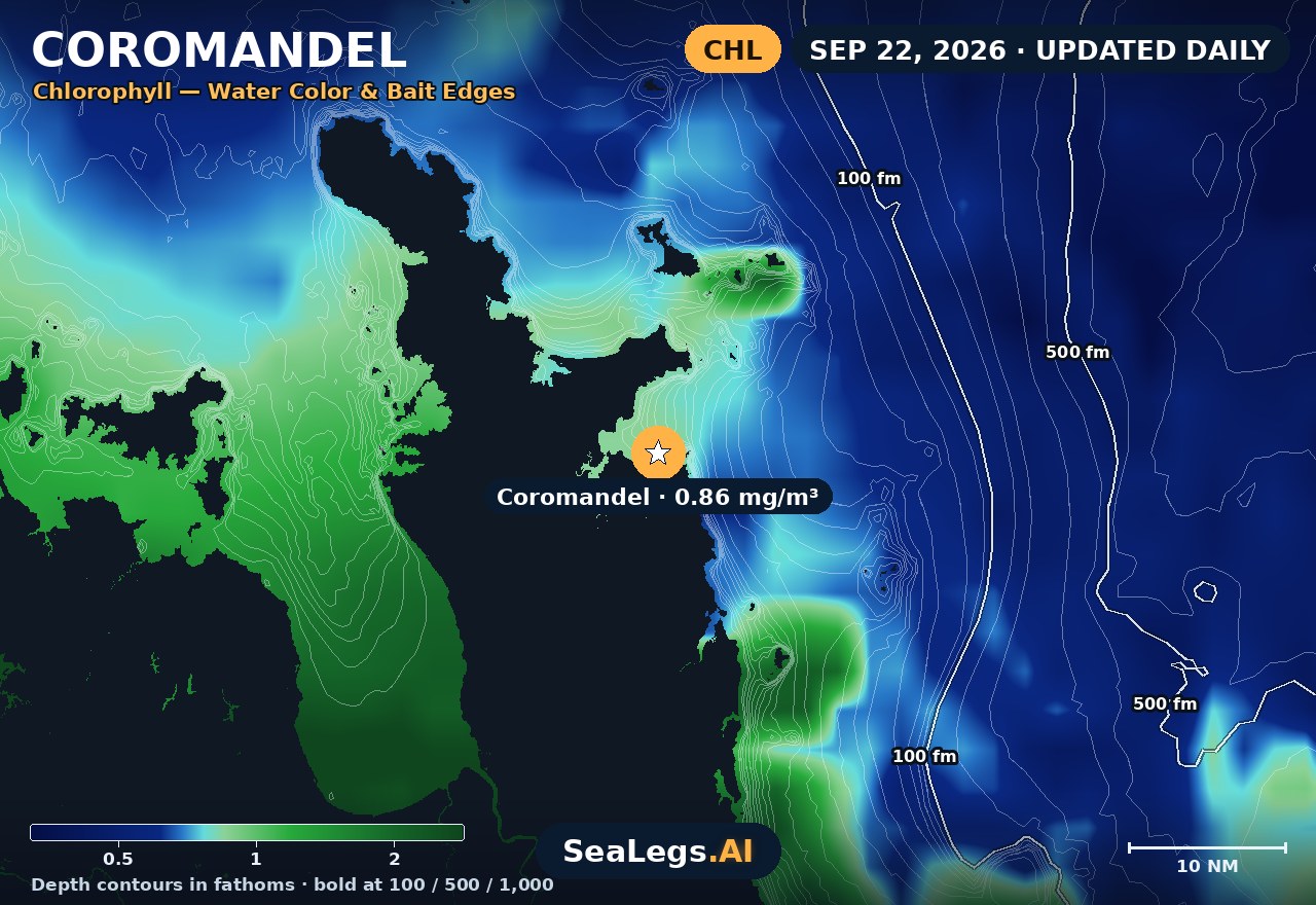 Coromandel chlorophyll chart, Sep 10, 2026 — water color and bait edges
