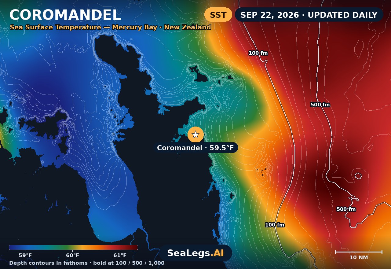 Coromandel sea surface temperature chart, Sep 10, 2026 — 59.3°F at the spot with labeled depth contours