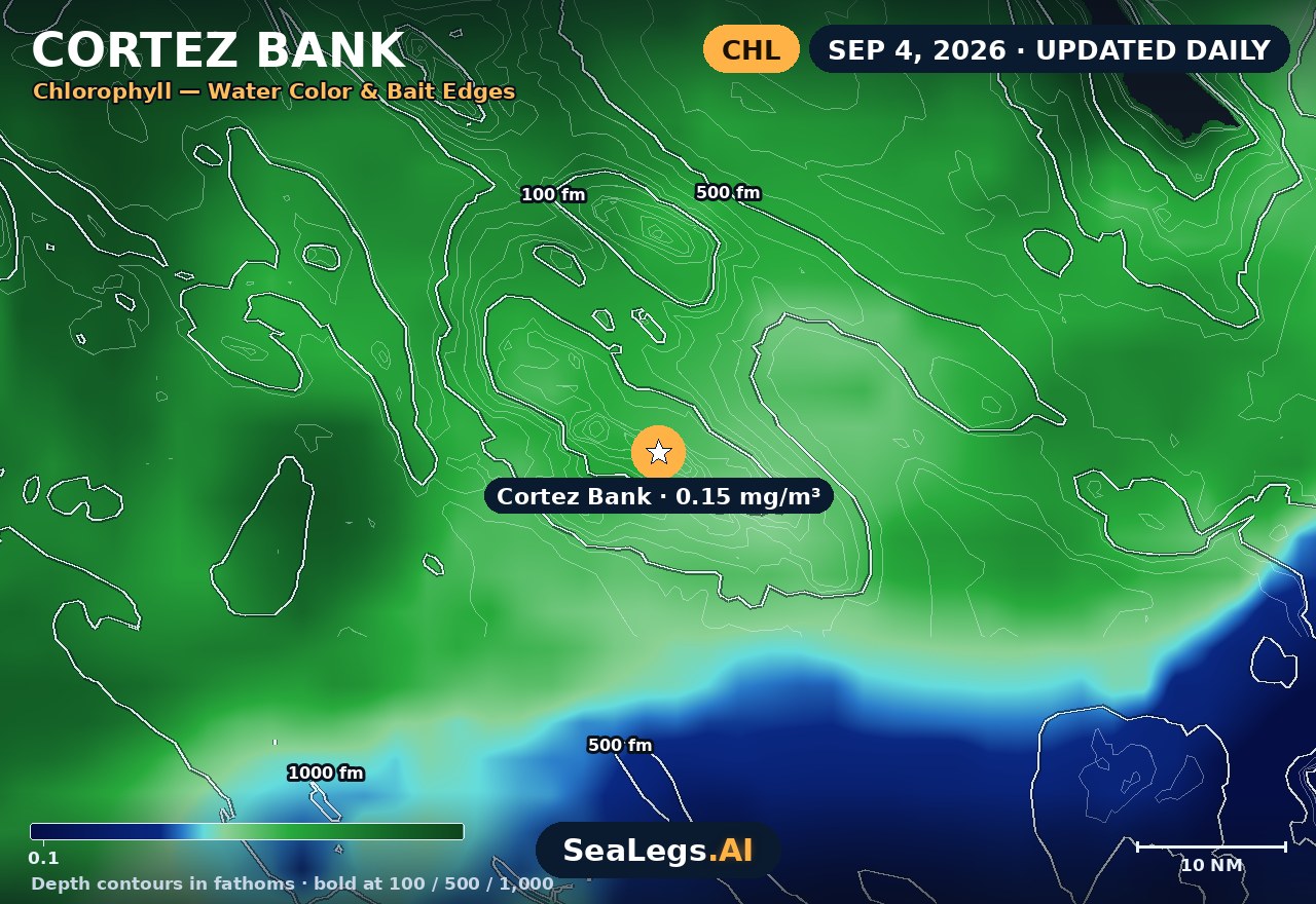 Cortez Bank chlorophyll chart, Sep 4, 2026 — water color and bait edges