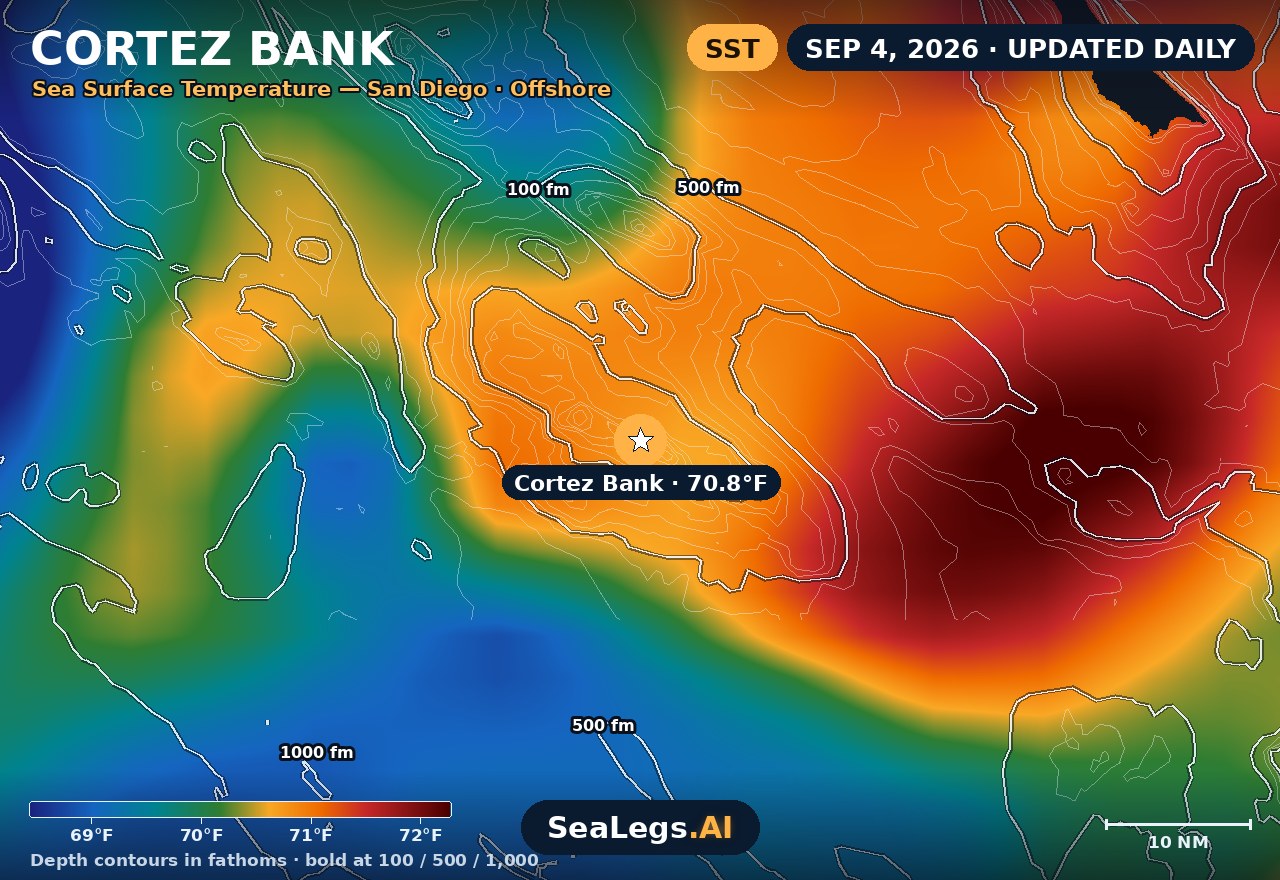 Cortez Bank sea surface temperature chart, Sep 4, 2026 — 70.8°F at the spot with labeled depth contours