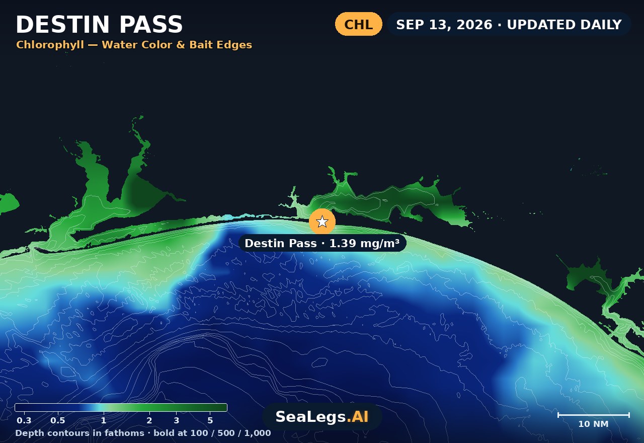 Destin Pass chlorophyll chart, Sep 13, 2026 — water color and bait edges