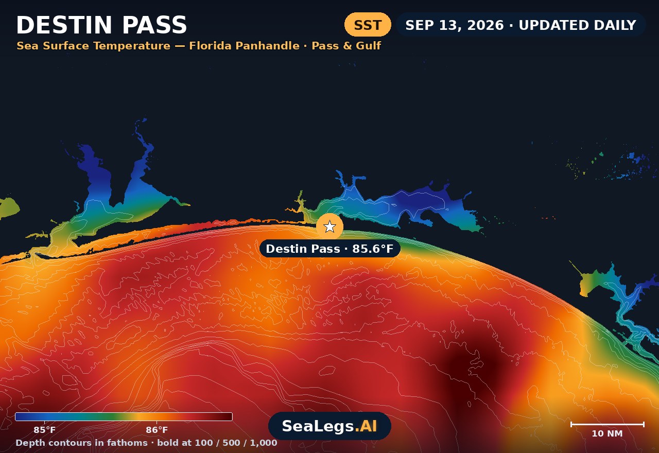Destin Pass sea surface temperature chart, Sep 13, 2026 — 85.6°F at the spot with labeled depth contours