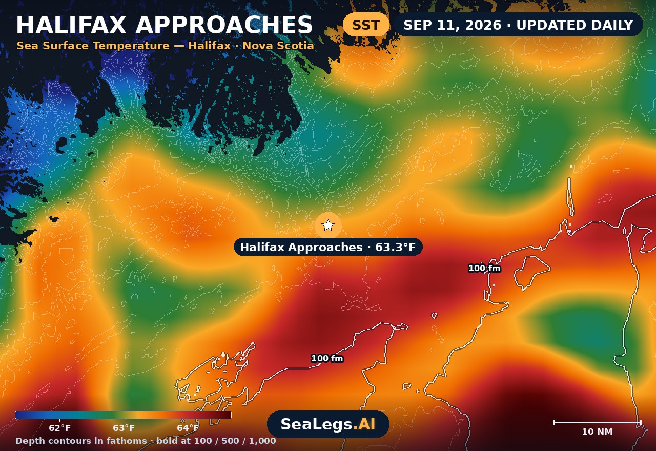 Halifax Approaches sea surface temperature chart, Sep 11, 2026 — 63.3°F at the spot with labeled depth contours