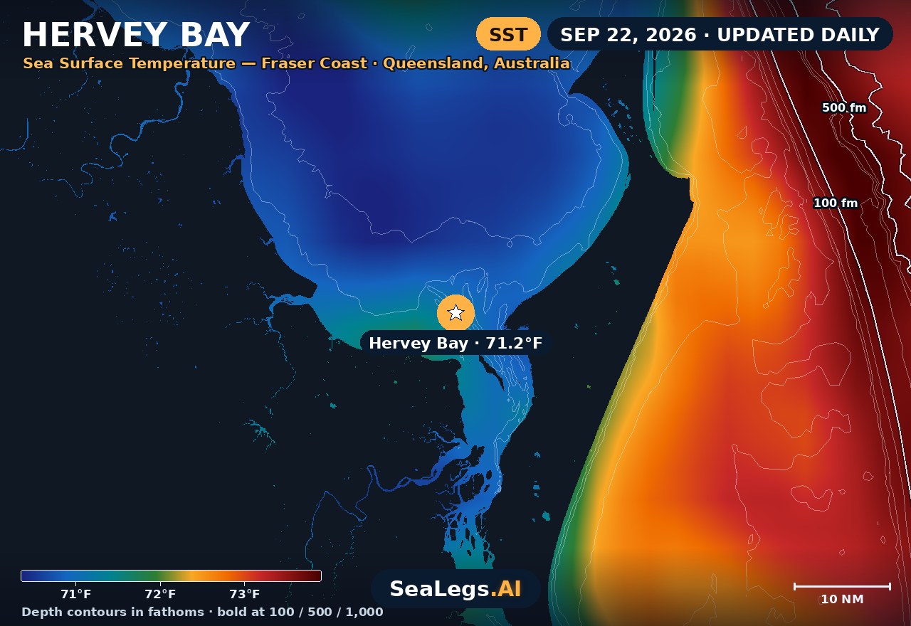 Hervey Bay sea surface temperature chart, Sep 10, 2026 — 71.4°F at the spot with labeled depth contours