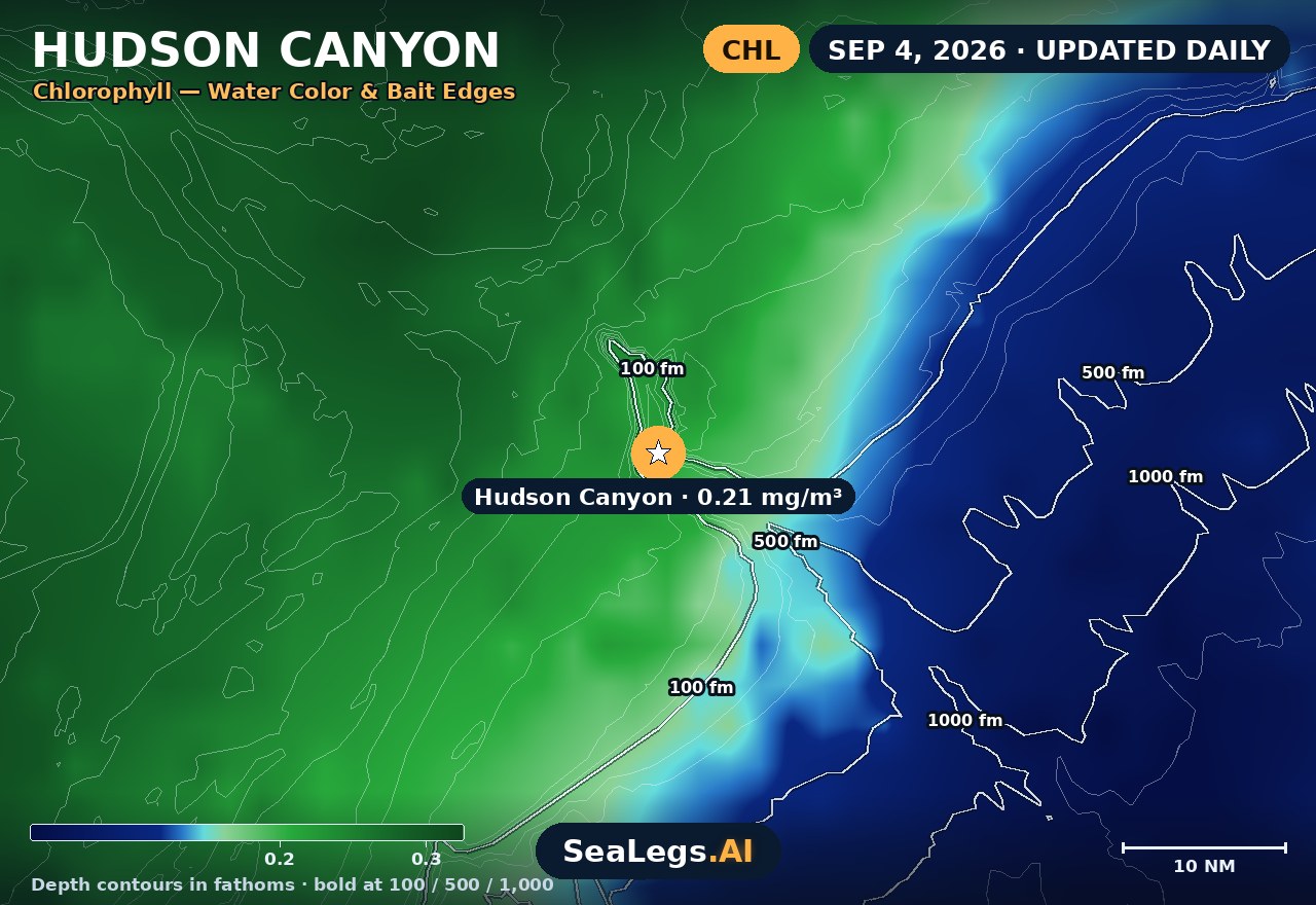 Hudson Canyon chlorophyll chart, Sep 4, 2026 — water color and bait edges