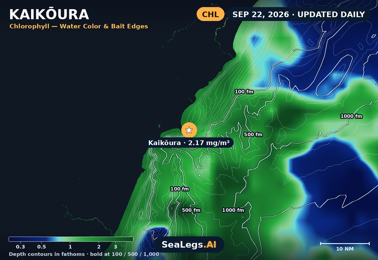 Kaikōura chlorophyll chart, Sep 10, 2026 — water color and bait edges