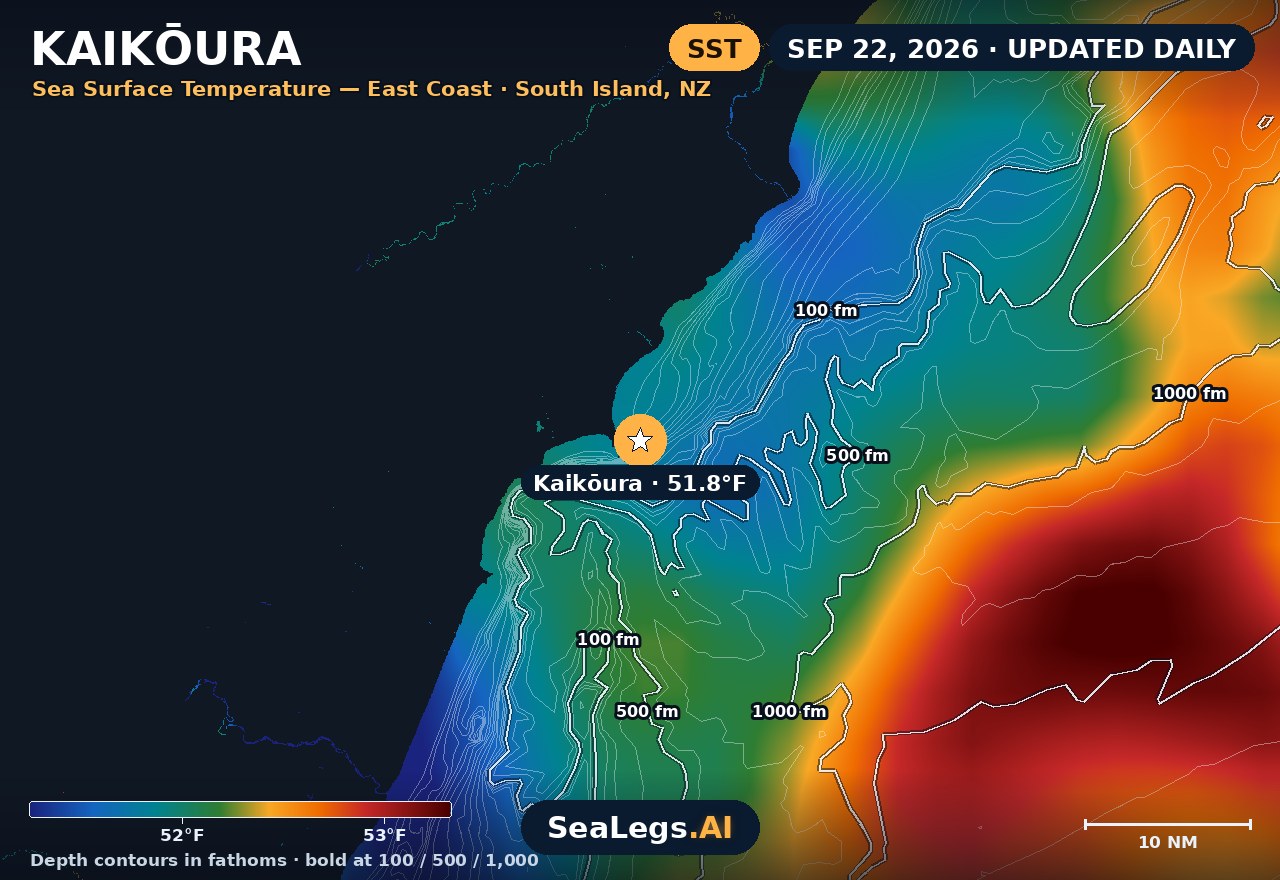 Kaikōura sea surface temperature chart, Sep 10, 2026 — 51.2°F at the spot with labeled depth contours