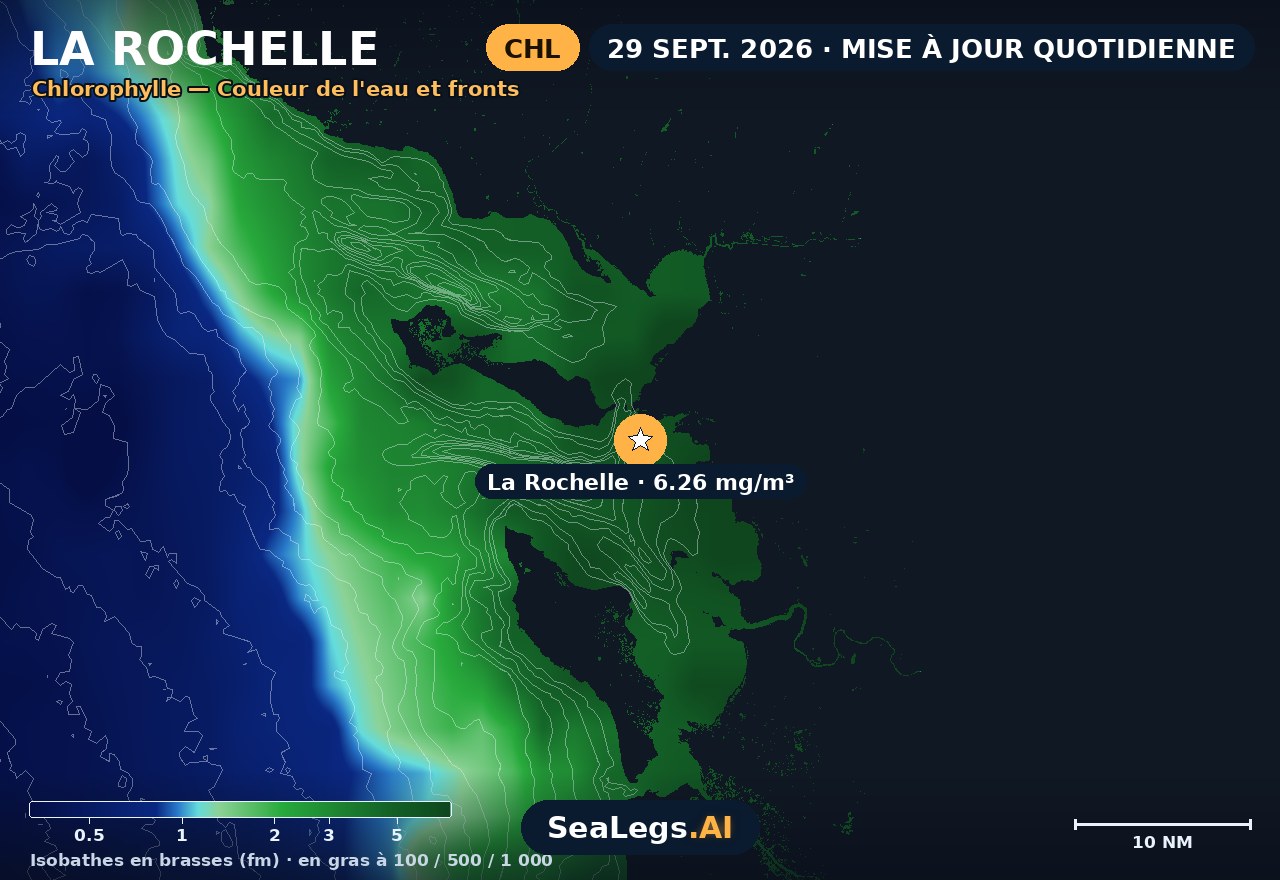 Carte de chlorophylle à La Rochelle, 29 sept. 2026 — couleur de l'eau