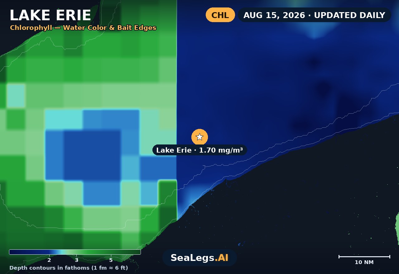 Lake Erie chlorophyll chart, Aug 15, 2026 — water color and bait edges