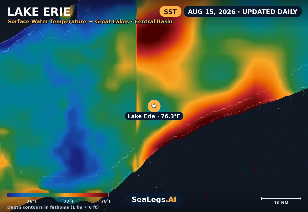 Lake Erie sea surface temperature chart, Aug 15, 2026 — 76.3°F at the spot with labeled depth contours