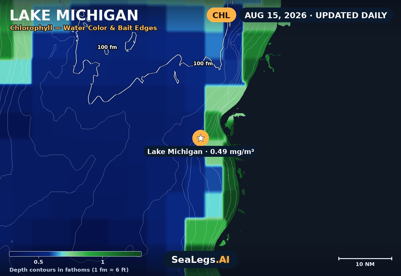 Lake Michigan chlorophyll chart, Aug 15, 2026 — water color and bait edges