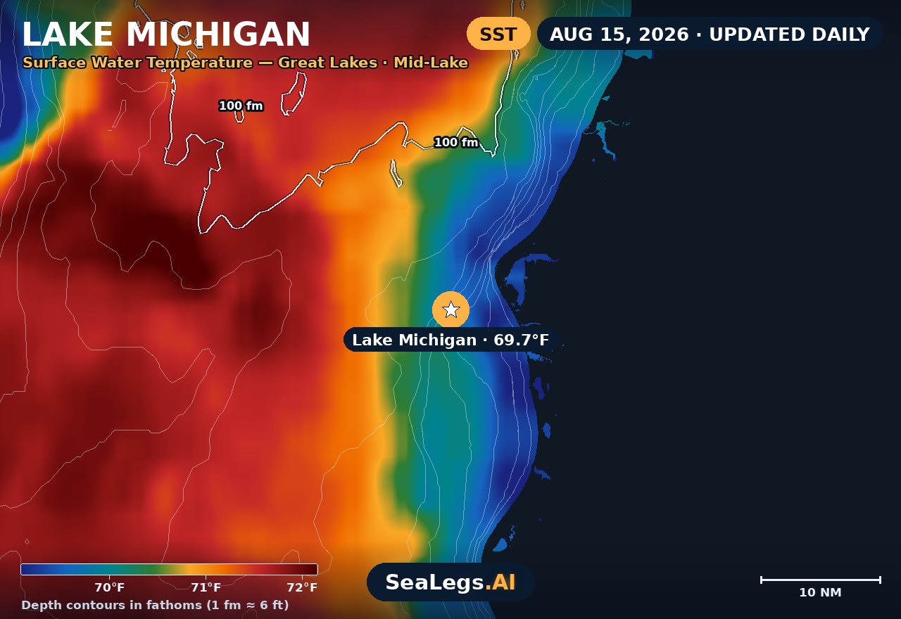 Lake Michigan sea surface temperature chart, Aug 15, 2026 — 69.7°F at the spot with labeled depth contours