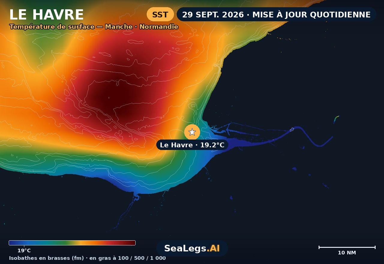 Carte de température de surface de la mer au Havre, 29 sept. 2026 — 19,2 °C sur le spot, isobathes cotées