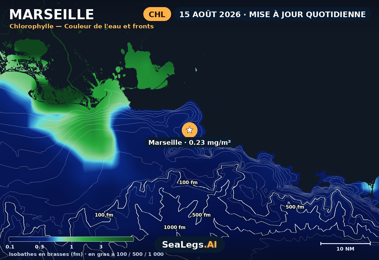 Carte de chlorophylle à Marseille, 15 août 2026 — couleur de l'eau