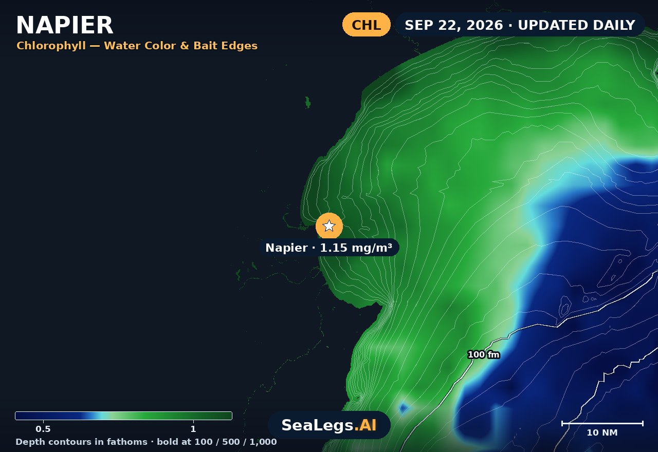 Napier chlorophyll chart, Sep 10, 2026 — water color and bait edges