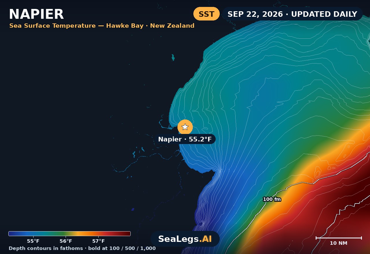 Napier sea surface temperature chart, Sep 10, 2026 — 53.9°F at the spot with labeled depth contours