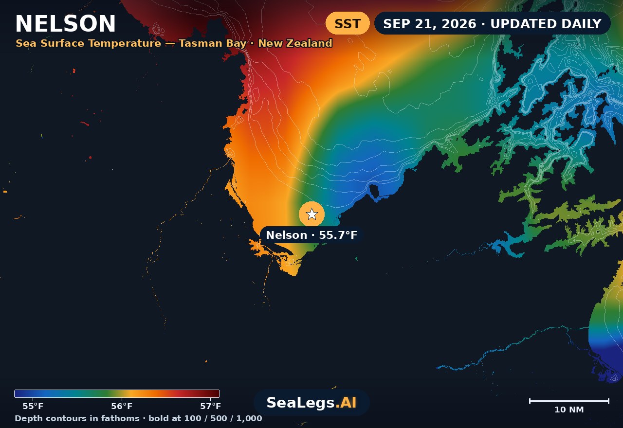 Nelson sea surface temperature chart, Sep 10, 2026 — 54.3°F at the spot with labeled depth contours