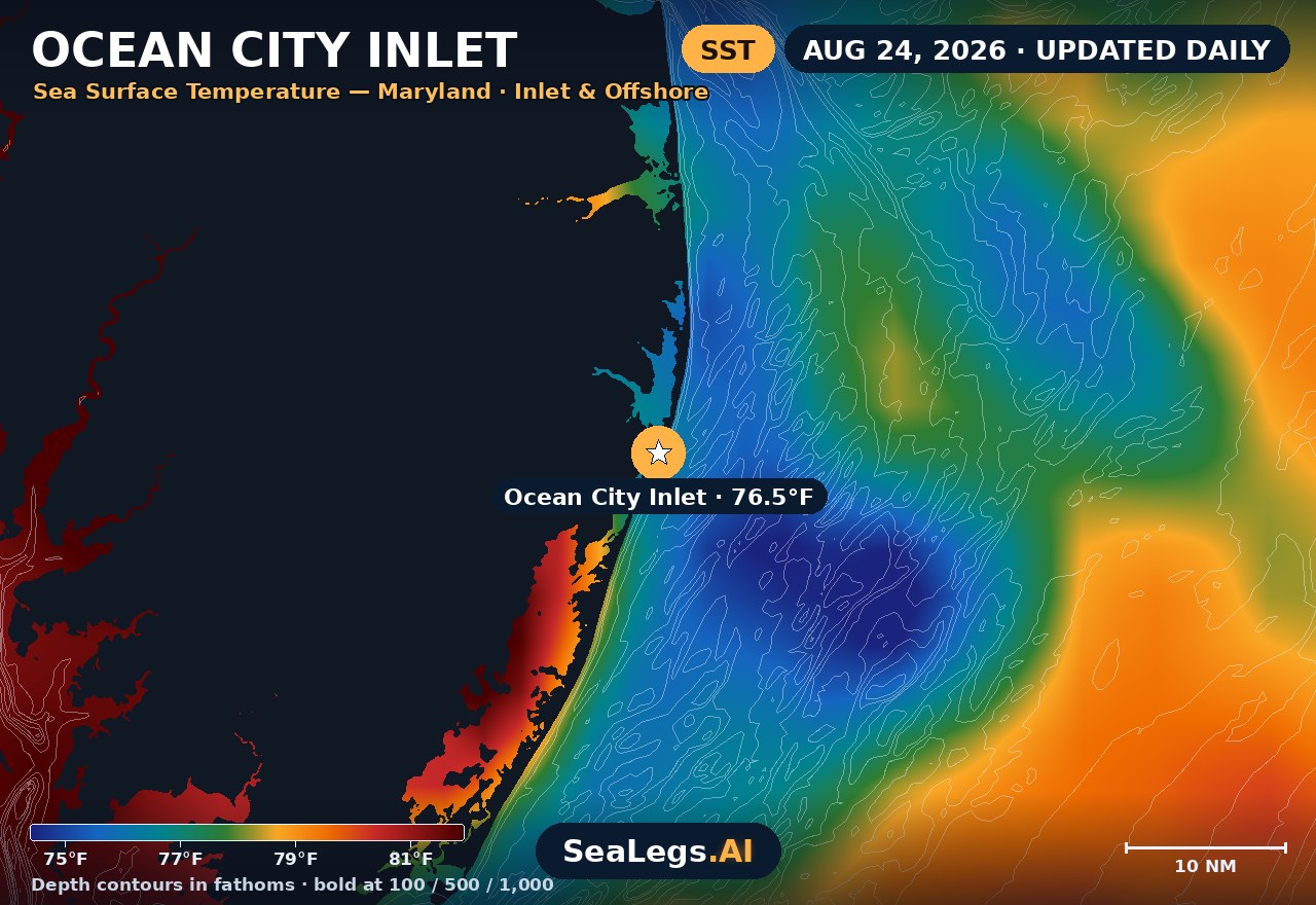 Ocean City Inlet sea surface temperature chart, Aug 24, 2026 — 76.5°F at the spot with labeled depth contours