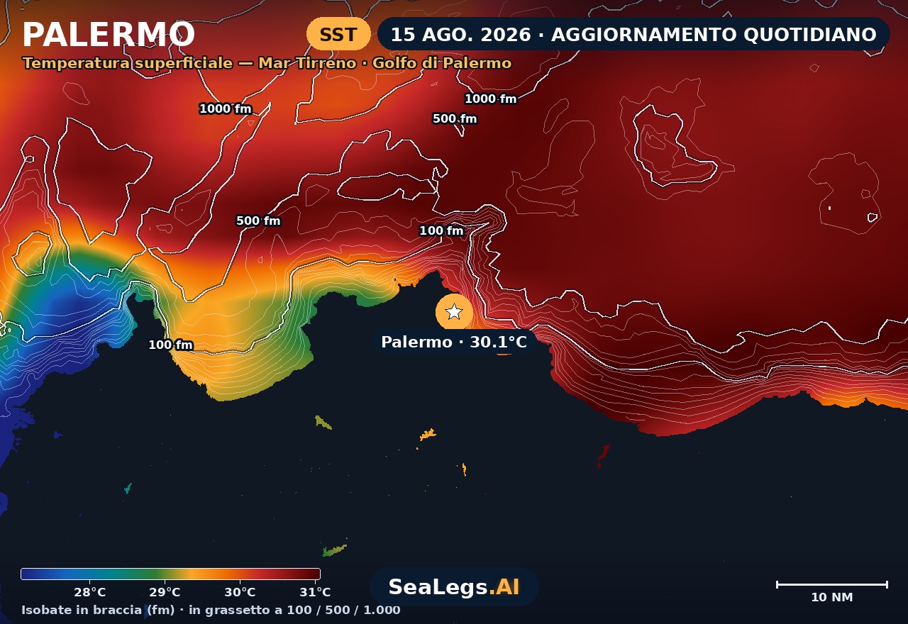 Mappa della temperatura superficiale del mare a Palermo, 15 ago. 2026 — 30,1 °C sullo spot, isobate quotate