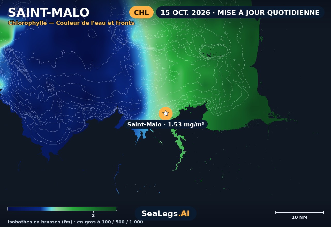 Carte de chlorophylle à Saint-Malo, 15 oct. 2026 — couleur de l'eau