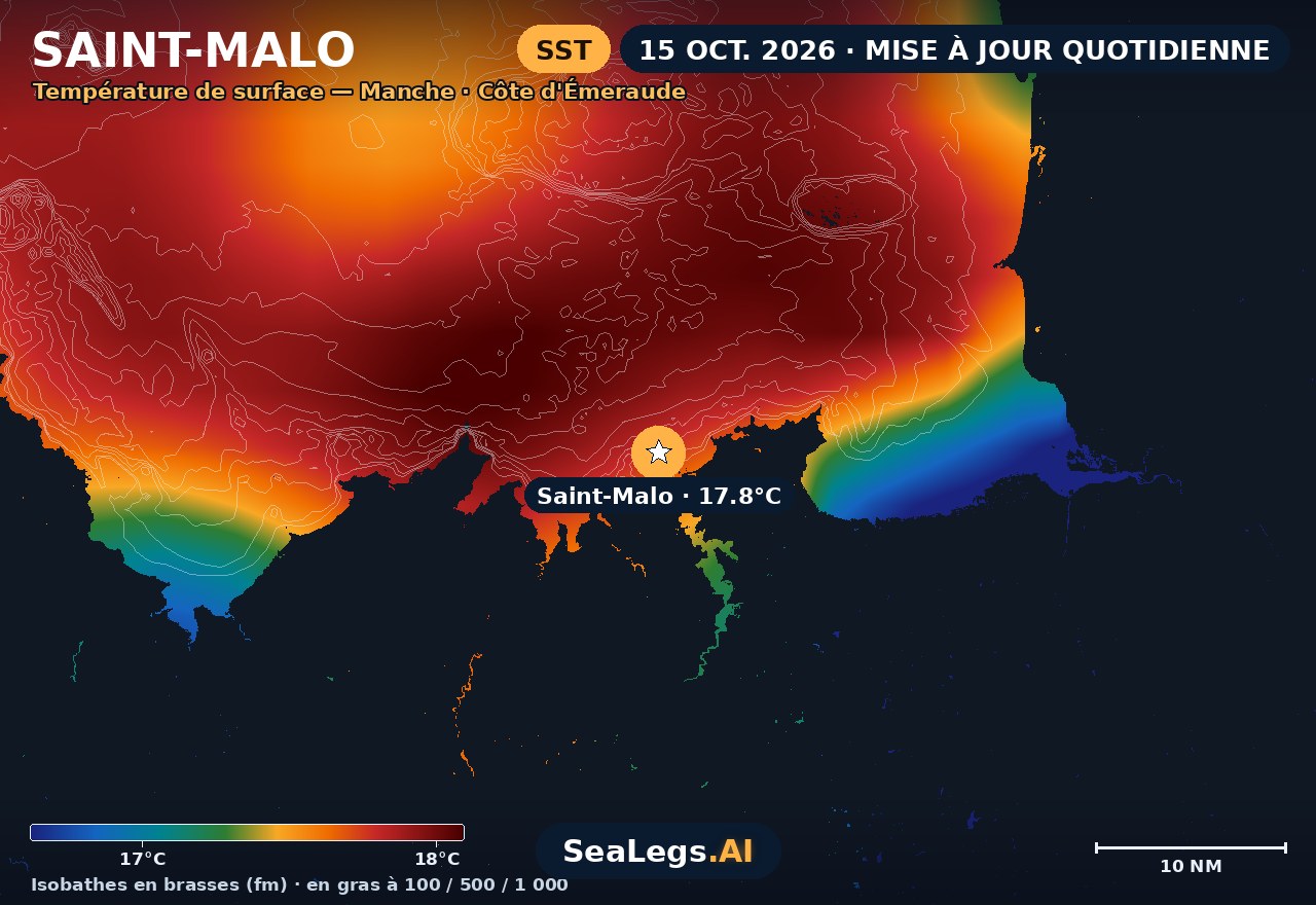 Carte de température de surface de la mer à Saint-Malo, 15 oct. 2026 — 17,8 °C sur le spot, isobathes cotées