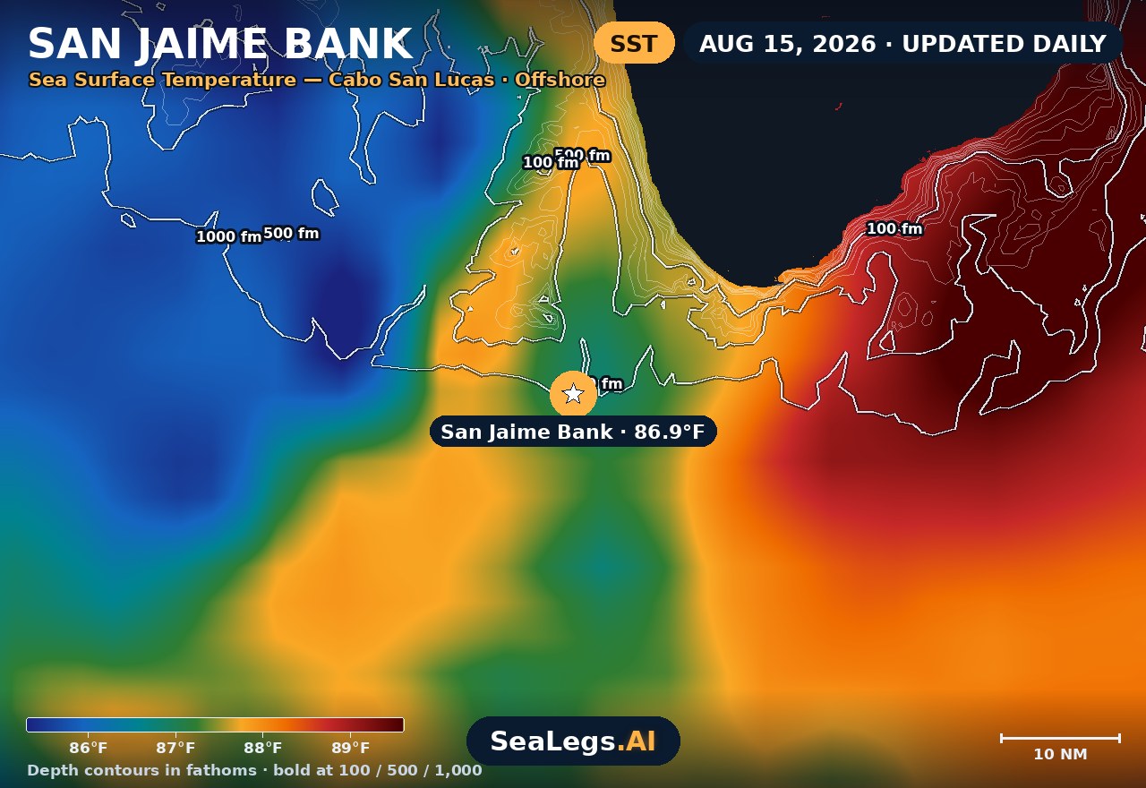 San Jaime Bank sea surface temperature chart, Aug 15, 2026 — 86.9°F at the spot with labeled depth contours