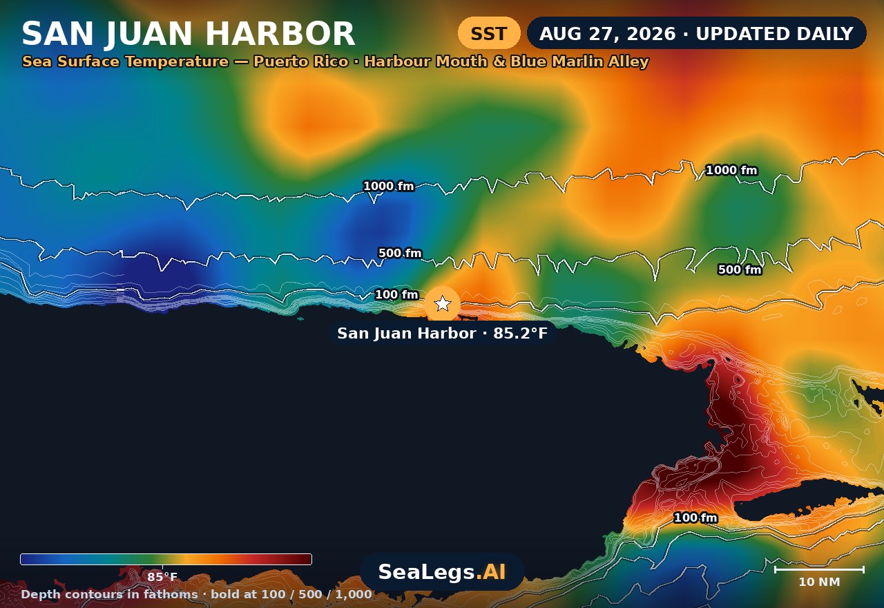 San Juan Harbor sea surface temperature chart, Aug 27, 2026 — 85.2°F at the spot with labeled depth contours