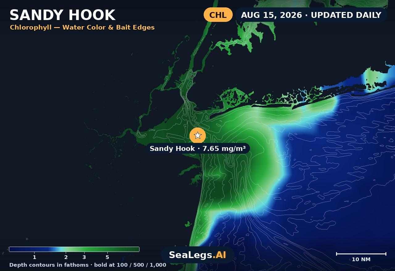 Sandy Hook chlorophyll chart, Aug 15, 2026 — water color and bait edges