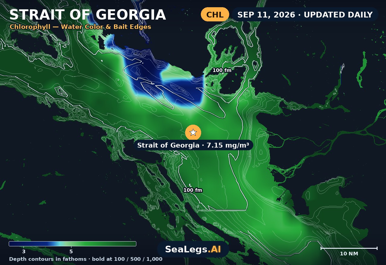 Strait of Georgia chlorophyll chart, Sep 11, 2026 — water color and bait edges