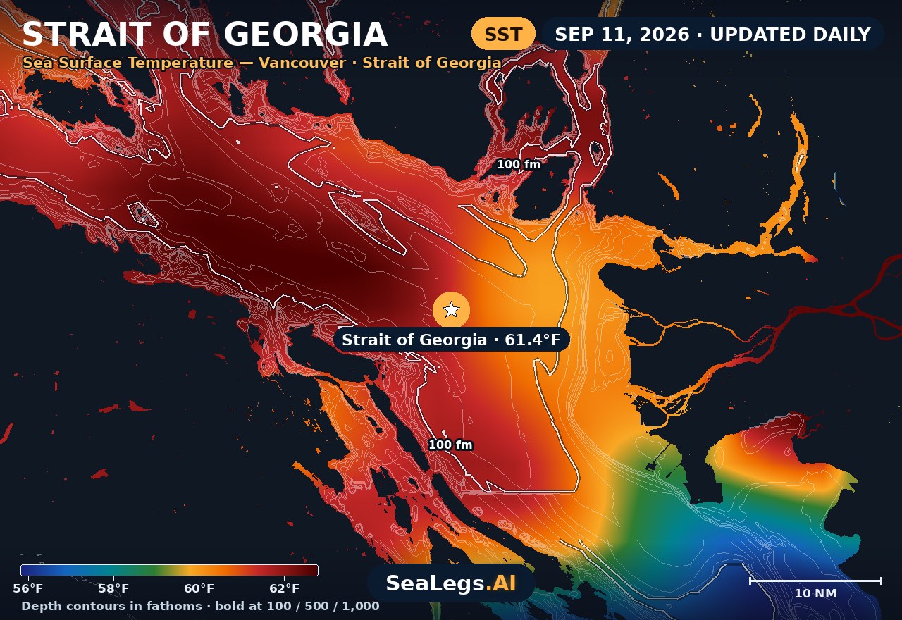 Strait of Georgia sea surface temperature chart, Sep 11, 2026 — 61.4°F at the spot with labeled depth contours