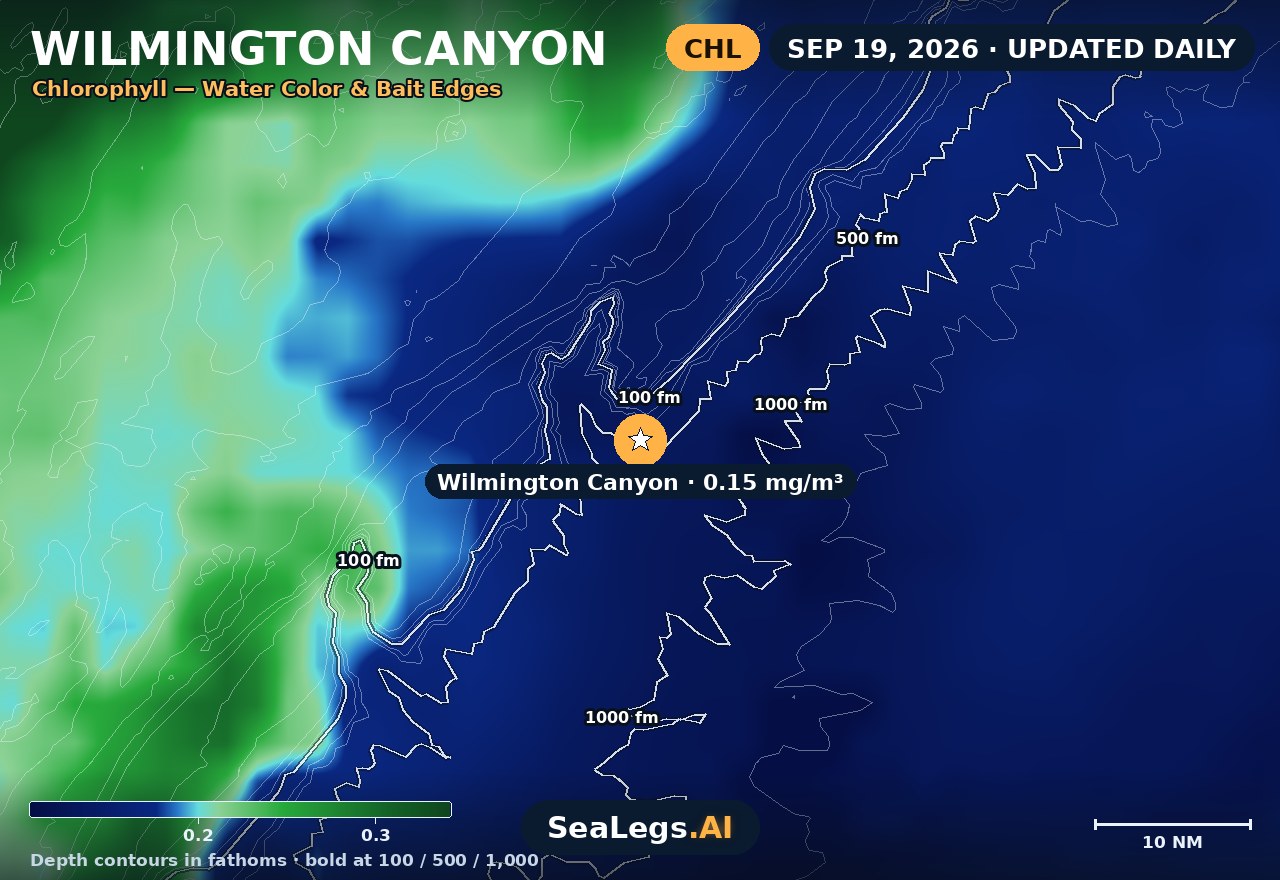 Wilmington Canyon chlorophyll chart, Sep 19, 2026 — water color and bait edges