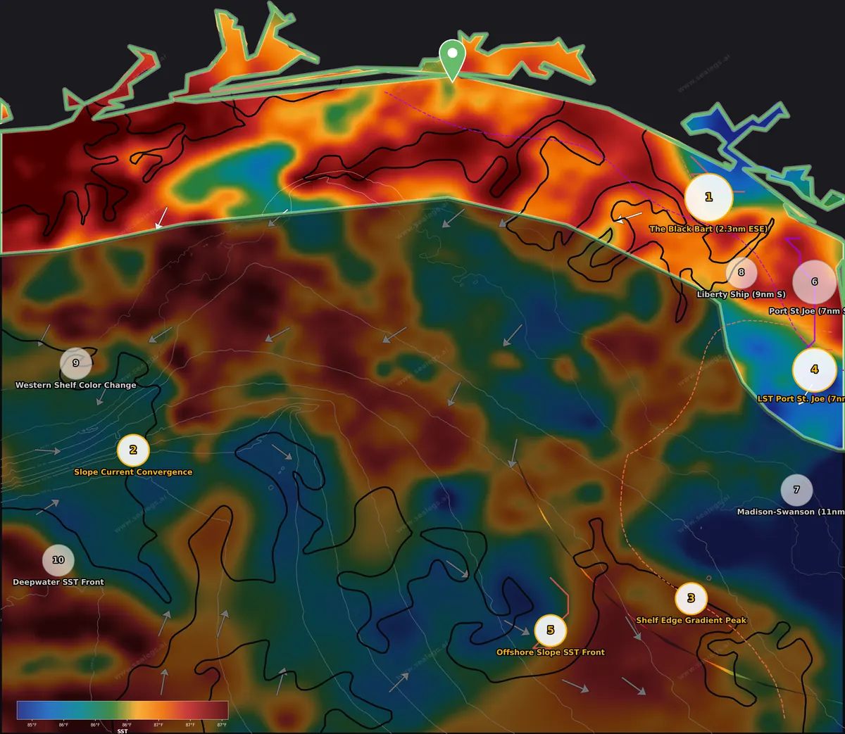 Sea surface temperature map, inshore waters off Destin Pass