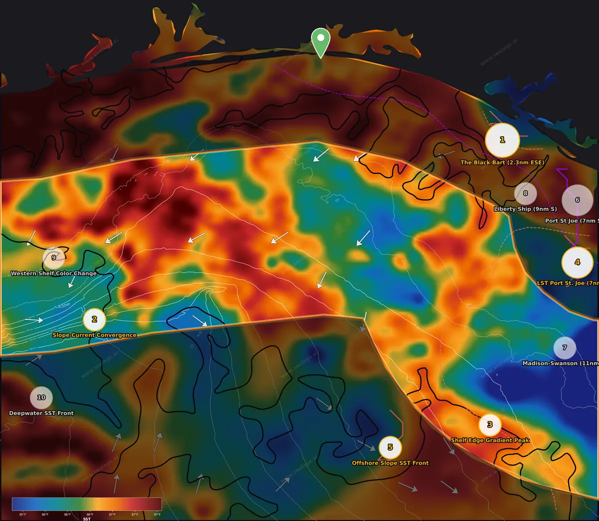 Sea surface temperature map, midshore waters off Destin Pass