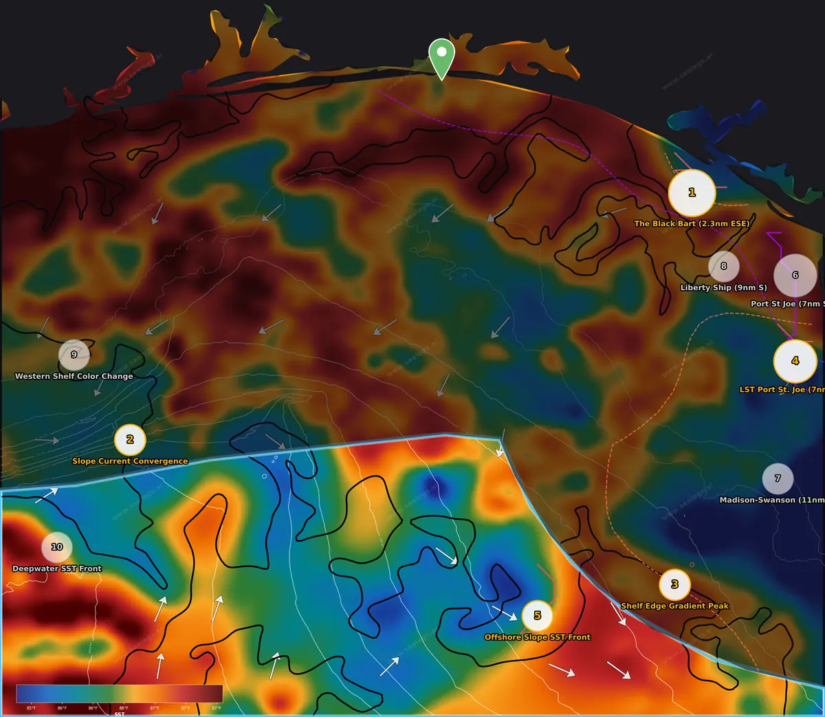 Sea surface temperature map, offshore waters off Destin Pass