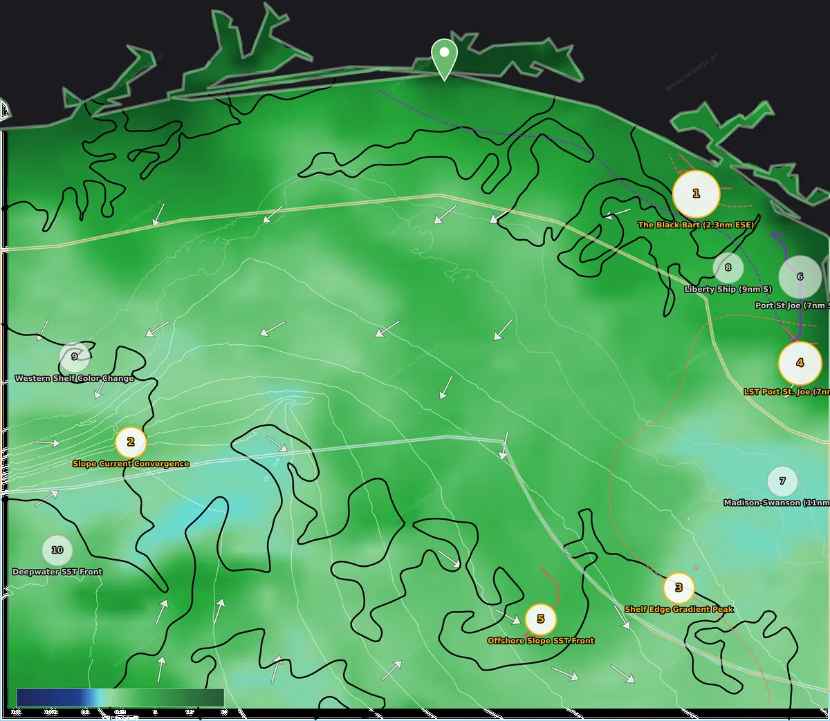 Destin & the Emerald Coast chlorophyll map: green-to-blue color edges and this week's ranked spots out of Destin Pass