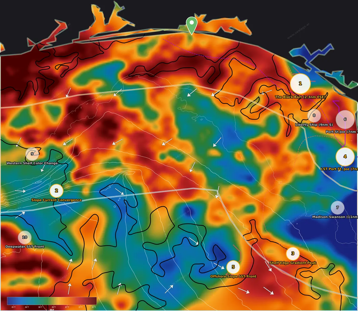 Destin & the Emerald Coast offshore fishing map: sea surface temperature with inshore, midshore and offshore zones and this week's ranked spots out of Destin Pass