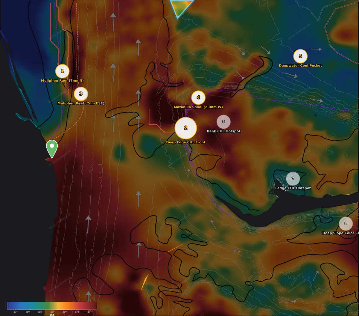 Sea surface temperature map, offshore waters off Jupiter Inlet